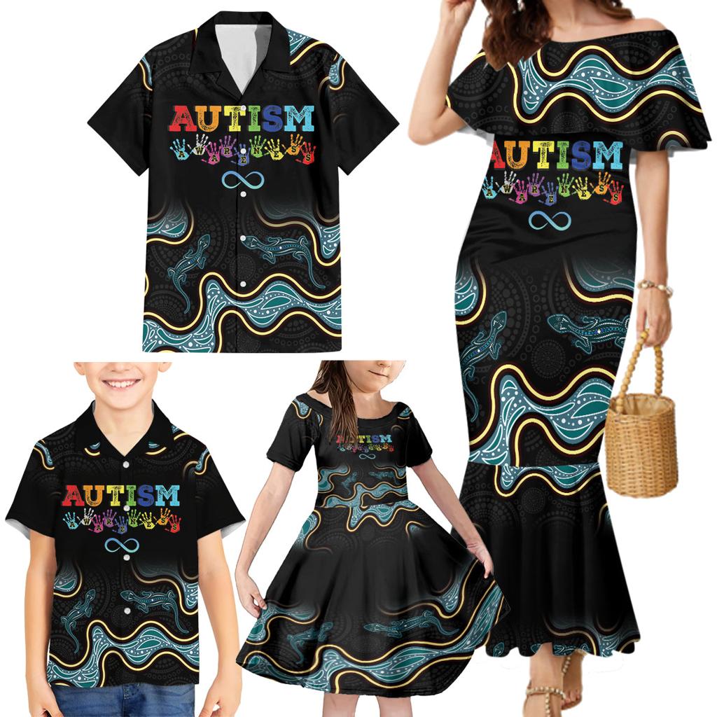 Australia Autism Awareness 4 April Aboriginal Lizard Family Matching Mermaid Dress and Hawaiian Shirt