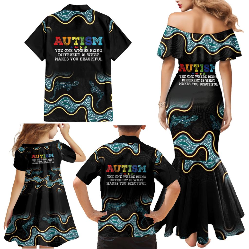 Australia Autism Awareness 4 April Aboriginal Lizard Family Matching Mermaid Dress and Hawaiian Shirt