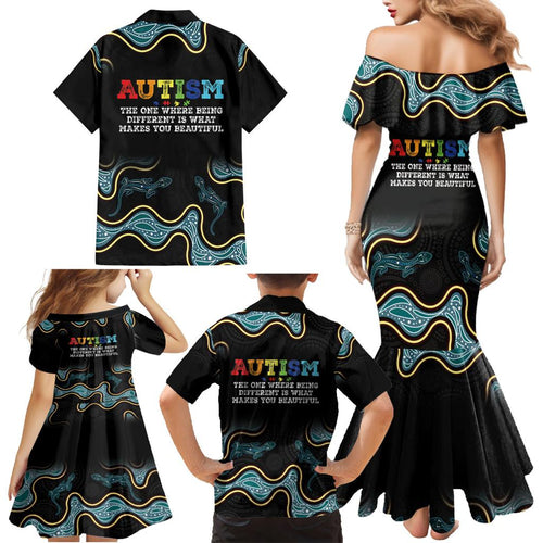 Australia Autism Awareness 4 April Aboriginal Lizard Family Matching Mermaid Dress and Hawaiian Shirt