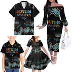Australia Autism Awareness 4 April Aboriginal Lizard Family Matching Off The Shoulder Long Sleeve Dress and Hawaiian Shirt