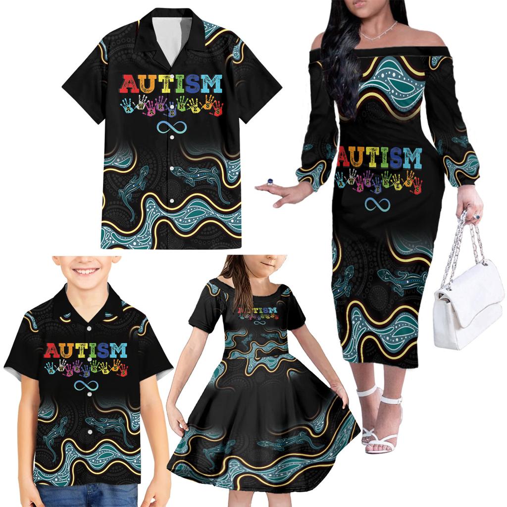 Australia Autism Awareness 4 April Aboriginal Lizard Family Matching Off The Shoulder Long Sleeve Dress and Hawaiian Shirt
