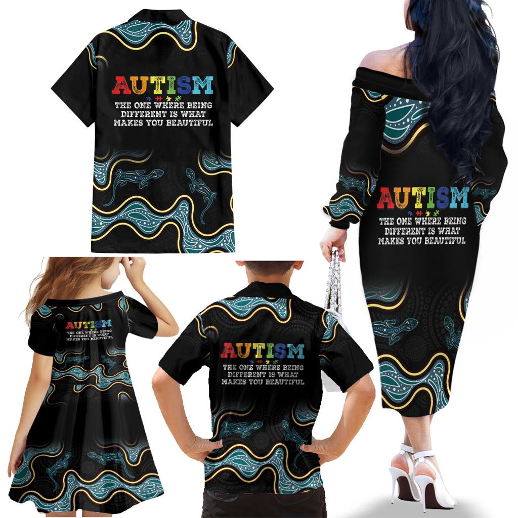 Australia Autism Awareness 4 April Aboriginal Lizard Family Matching Off The Shoulder Long Sleeve Dress and Hawaiian Shirt