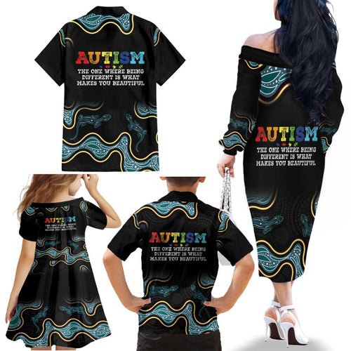 Australia Autism Awareness 4 April Aboriginal Lizard Family Matching Off The Shoulder Long Sleeve Dress and Hawaiian Shirt