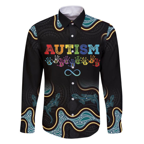 Australia Autism Awareness 4 April Aboriginal Lizard Family Matching Off The Shoulder Long Sleeve Dress and Hawaiian Shirt
