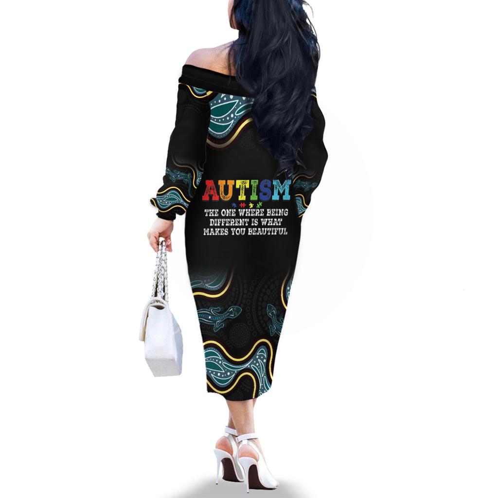 Australia Autism Awareness 4 April Aboriginal Lizard Family Matching Off The Shoulder Long Sleeve Dress and Hawaiian Shirt