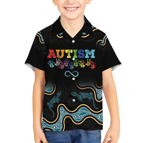 Australia Autism Awareness 4 April Aboriginal Lizard Family Matching Off The Shoulder Long Sleeve Dress and Hawaiian Shirt