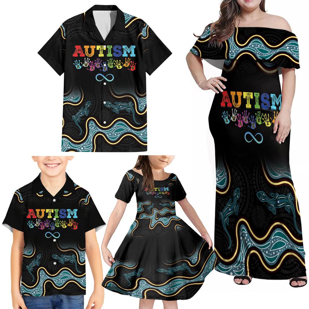 Australia Autism Awareness 4 April Aboriginal Lizard Family Matching Off Shoulder Maxi Dress and Hawaiian Shirt
