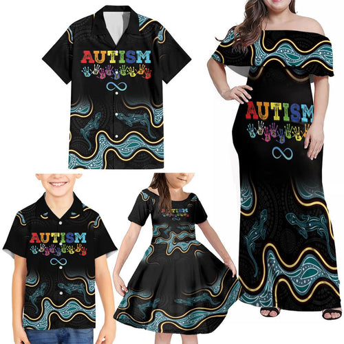 Australia Autism Awareness 4 April Aboriginal Lizard Family Matching Off Shoulder Maxi Dress and Hawaiian Shirt