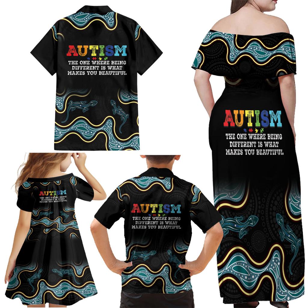 Australia Autism Awareness 4 April Aboriginal Lizard Family Matching Off Shoulder Maxi Dress and Hawaiian Shirt