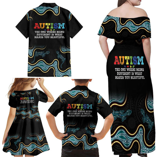 Australia Autism Awareness 4 April Aboriginal Lizard Family Matching Off Shoulder Maxi Dress and Hawaiian Shirt