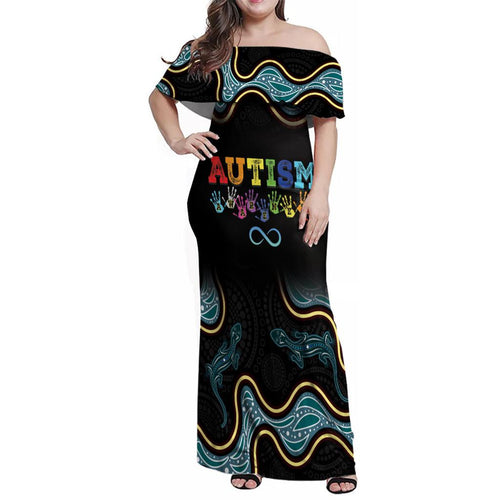 Australia Autism Awareness 4 April Aboriginal Lizard Family Matching Off Shoulder Maxi Dress and Hawaiian Shirt