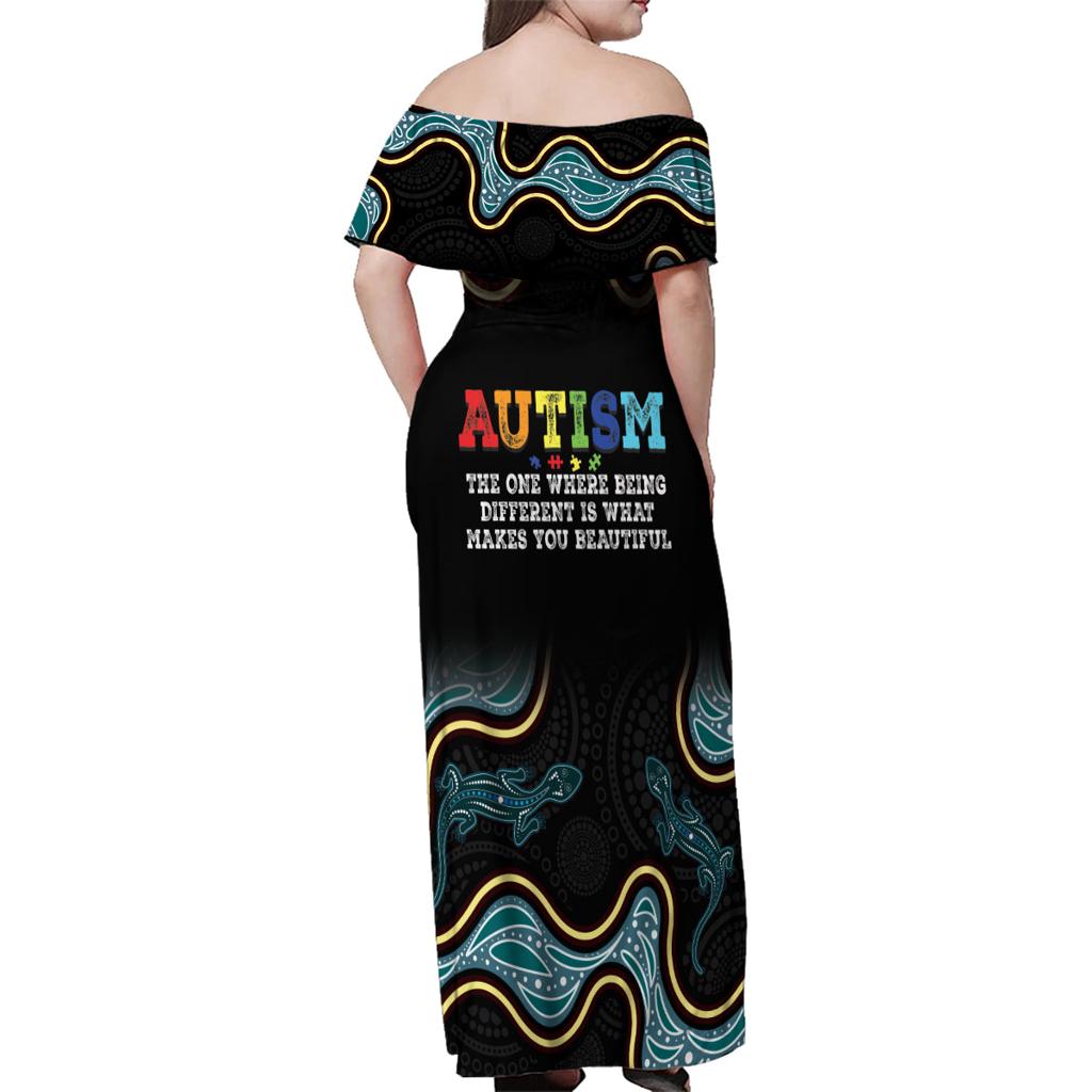 Australia Autism Awareness 4 April Aboriginal Lizard Family Matching Off Shoulder Maxi Dress and Hawaiian Shirt