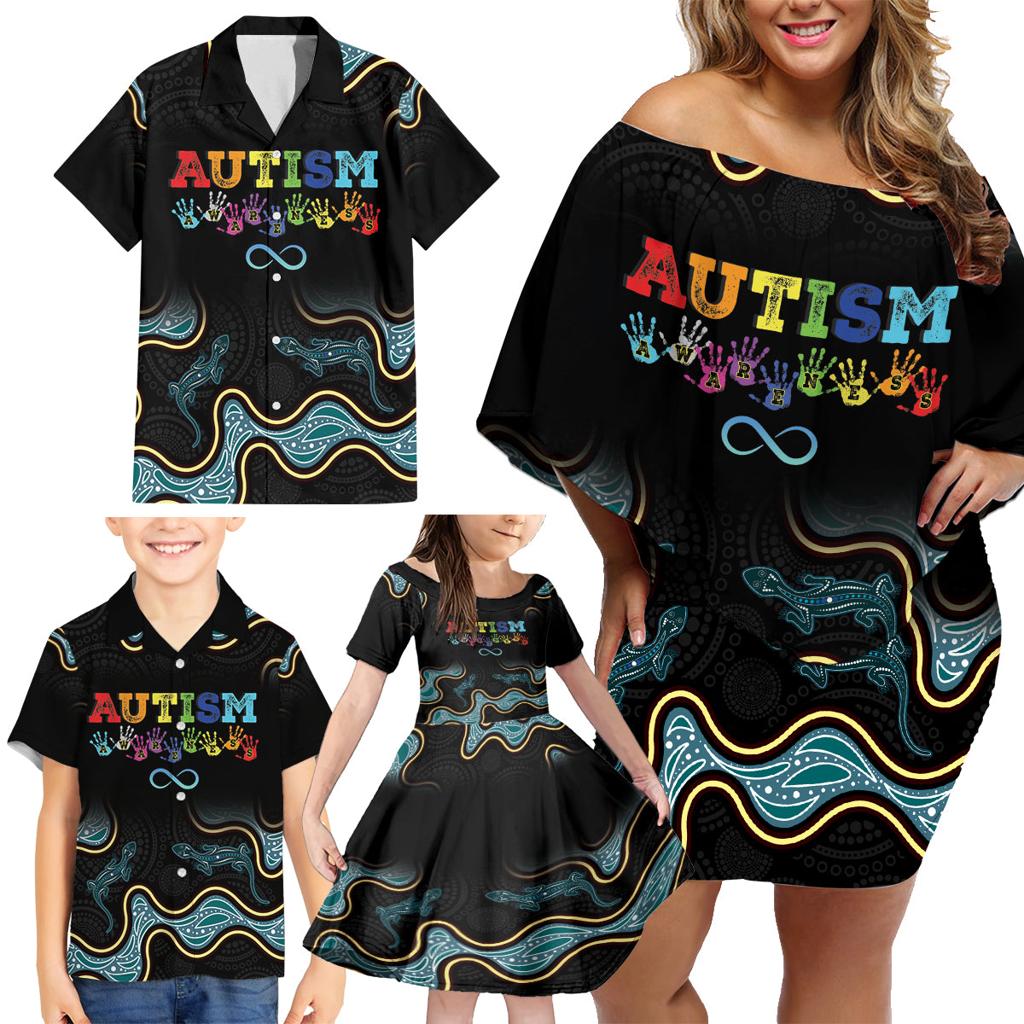 Australia Autism Awareness 4 April Aboriginal Lizard Family Matching Off Shoulder Short Dress and Hawaiian Shirt