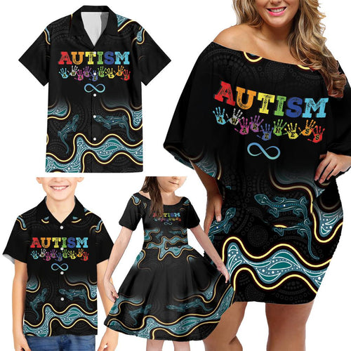 Australia Autism Awareness 4 April Aboriginal Lizard Family Matching Off Shoulder Short Dress and Hawaiian Shirt