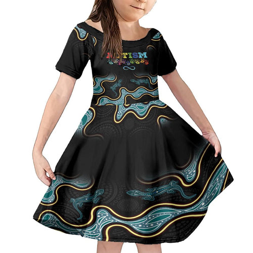 Australia Autism Awareness 4 April Aboriginal Lizard Family Matching Off Shoulder Short Dress and Hawaiian Shirt