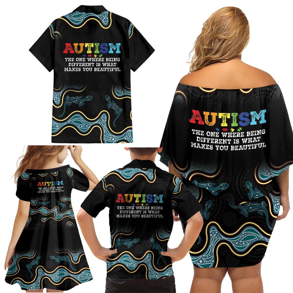 Australia Autism Awareness 4 April Aboriginal Lizard Family Matching Off Shoulder Short Dress and Hawaiian Shirt