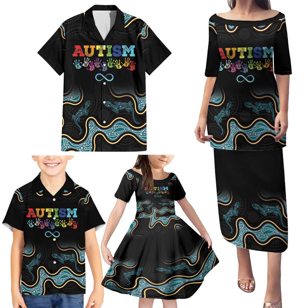 Australia Autism Awareness 4 April Aboriginal Lizard Family Matching Puletasi and Hawaiian Shirt
