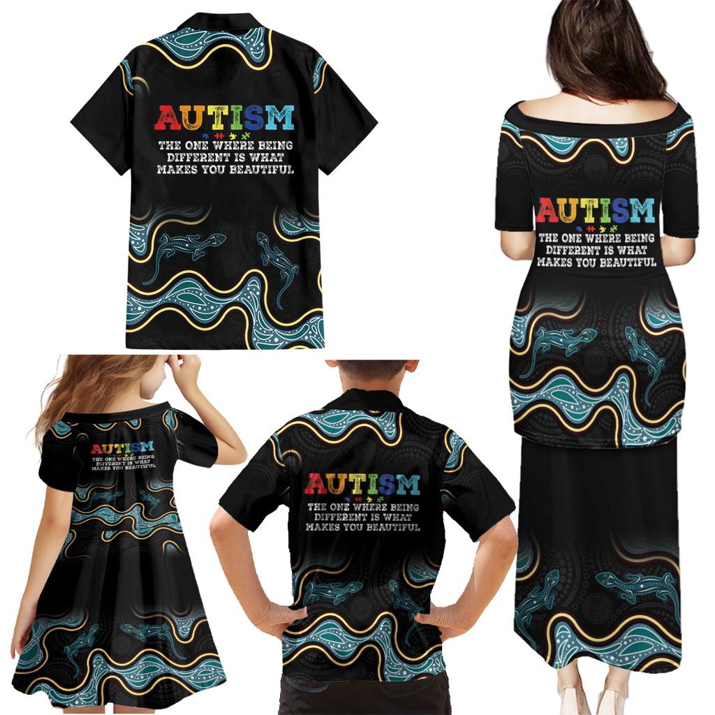 Australia Autism Awareness 4 April Aboriginal Lizard Family Matching Puletasi and Hawaiian Shirt