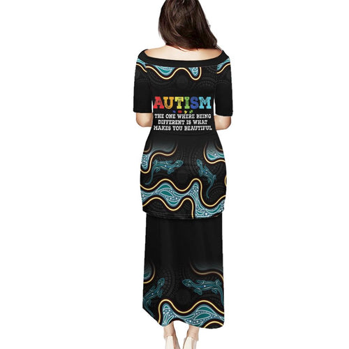 Australia Autism Awareness 4 April Aboriginal Lizard Family Matching Puletasi and Hawaiian Shirt