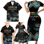 Australia Autism Awareness 4 April Aboriginal Lizard Family Matching Short Sleeve Bodycon Dress and Hawaiian Shirt