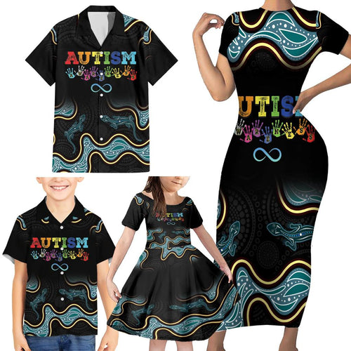 Australia Autism Awareness 4 April Aboriginal Lizard Family Matching Short Sleeve Bodycon Dress and Hawaiian Shirt