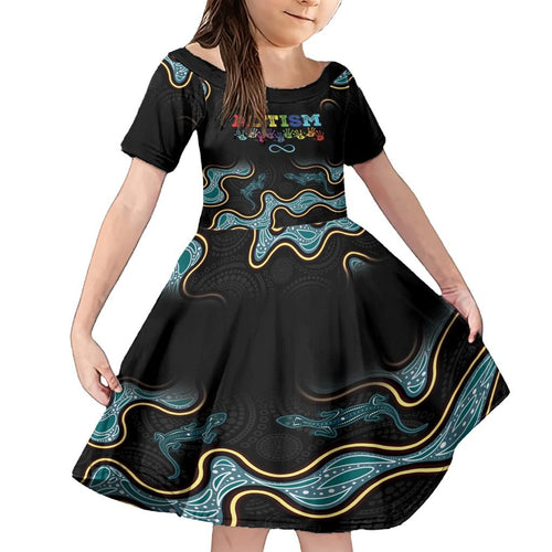 Australia Autism Awareness 4 April Aboriginal Lizard Family Matching Short Sleeve Bodycon Dress and Hawaiian Shirt