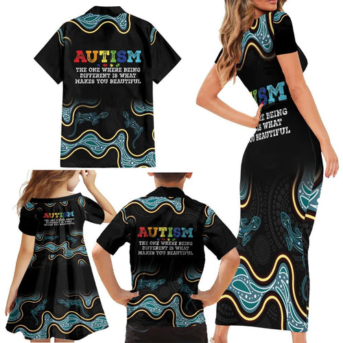 Australia Autism Awareness 4 April Aboriginal Lizard Family Matching Short Sleeve Bodycon Dress and Hawaiian Shirt
