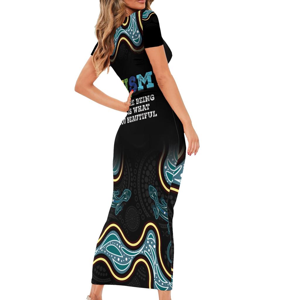 Australia Autism Awareness 4 April Aboriginal Lizard Family Matching Short Sleeve Bodycon Dress and Hawaiian Shirt