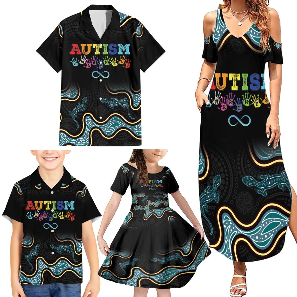 Australia Autism Awareness 4 April Aboriginal Lizard Family Matching Summer Maxi Dress and Hawaiian Shirt