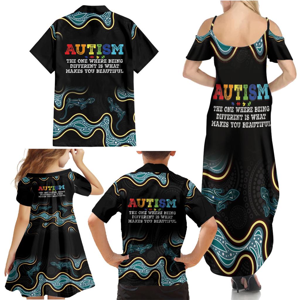 Australia Autism Awareness 4 April Aboriginal Lizard Family Matching Summer Maxi Dress and Hawaiian Shirt