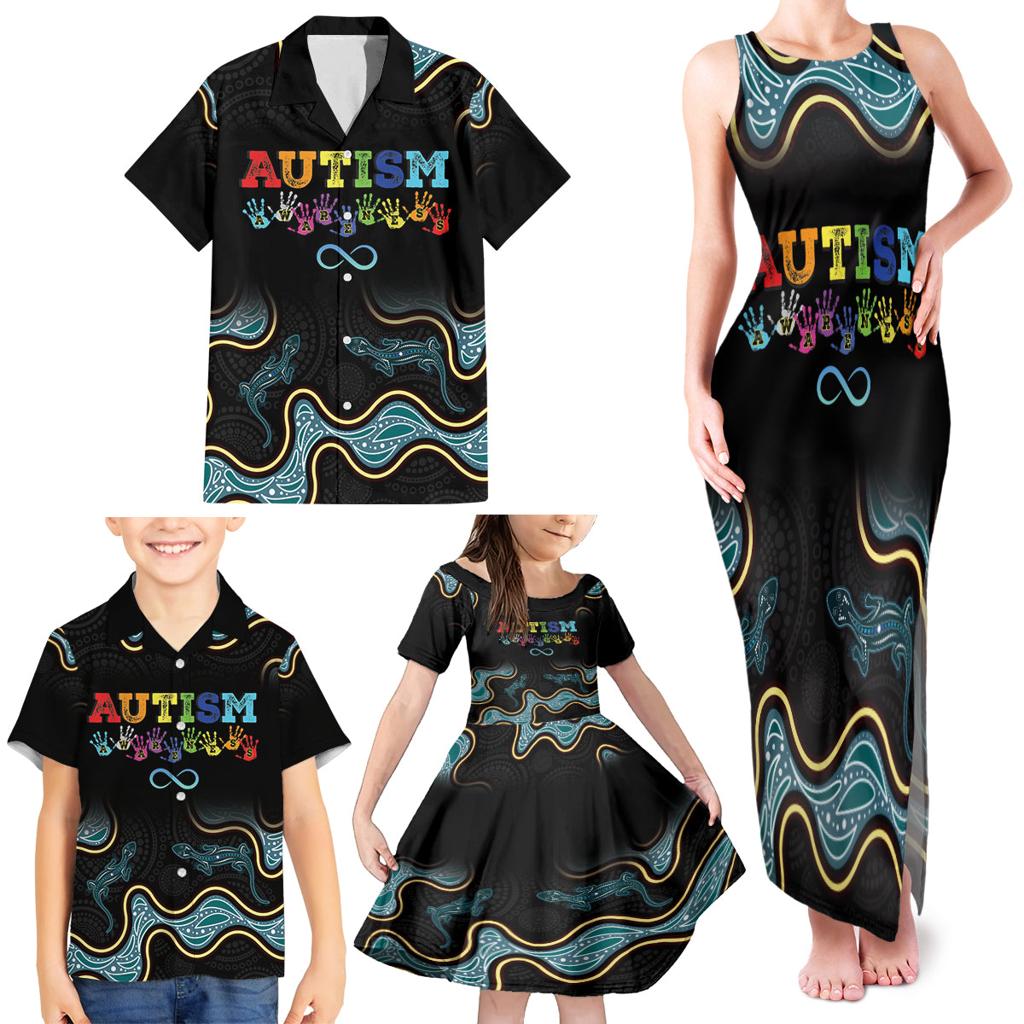 Australia Autism Awareness 4 April Aboriginal Lizard Family Matching Tank Maxi Dress and Hawaiian Shirt
