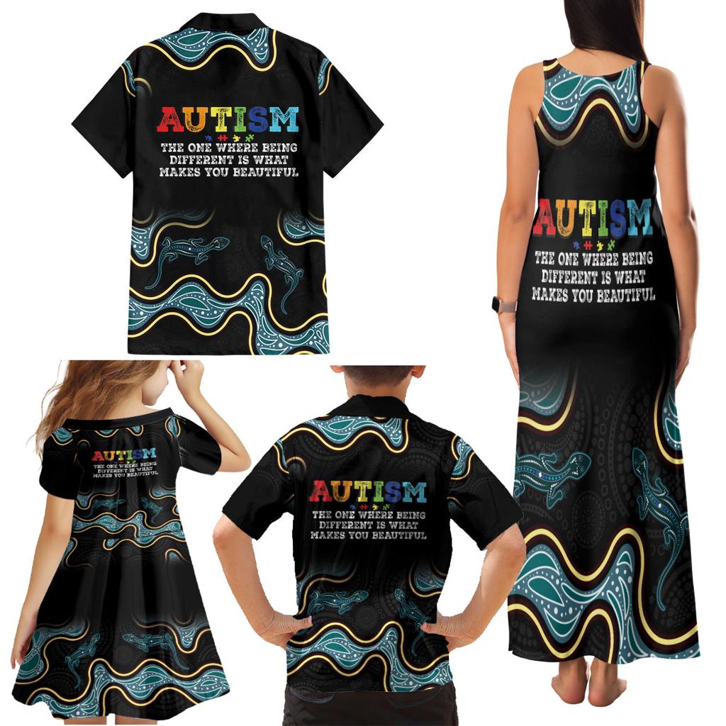 Australia Autism Awareness 4 April Aboriginal Lizard Family Matching Tank Maxi Dress and Hawaiian Shirt