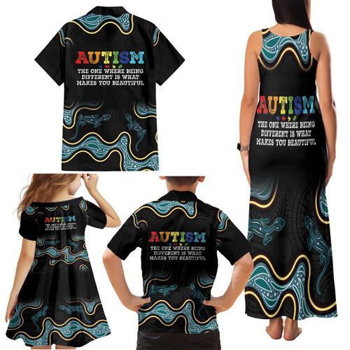 Australia Autism Awareness 4 April Aboriginal Lizard Family Matching Tank Maxi Dress and Hawaiian Shirt