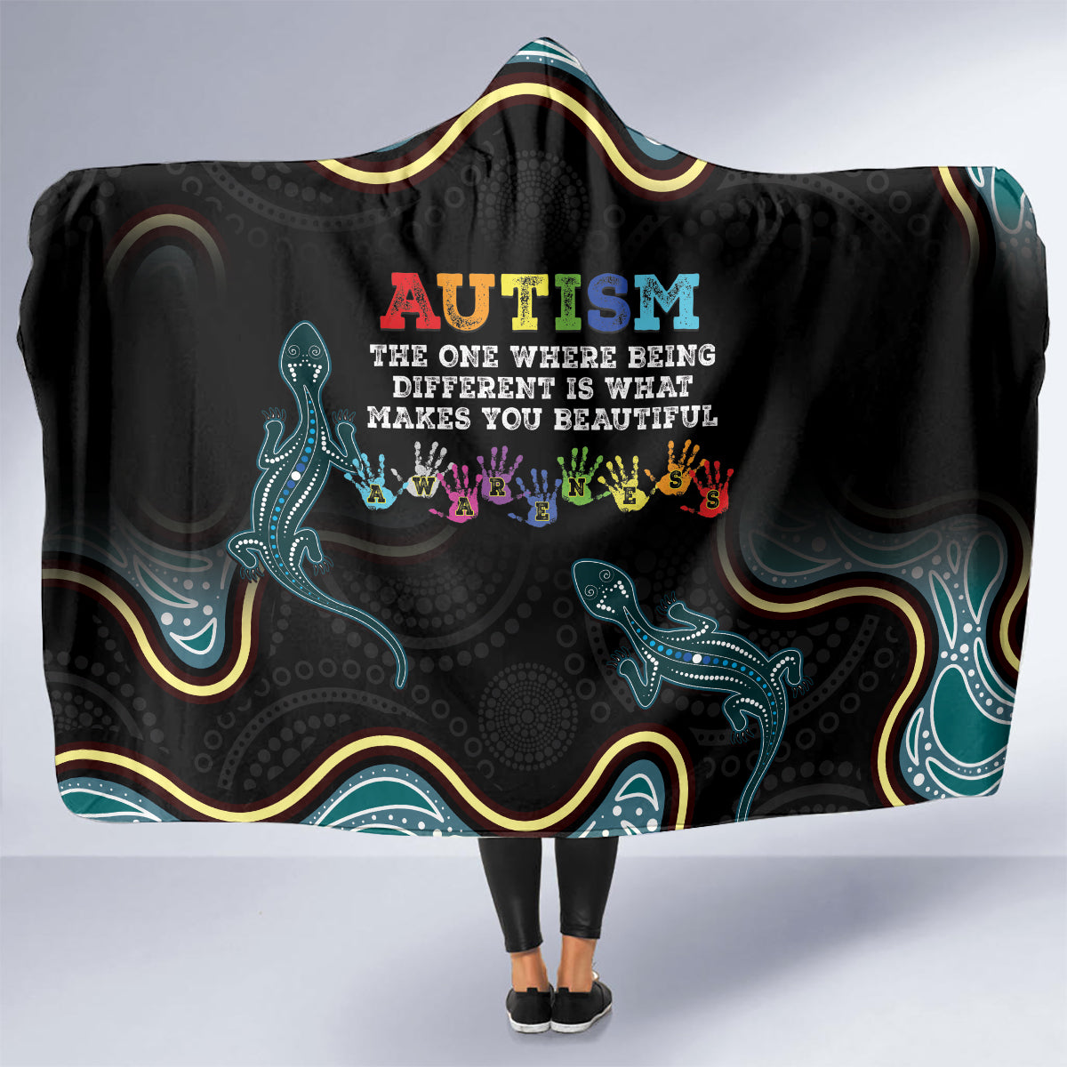 Australia Autism Awareness 4 April Aboriginal Lizard Hooded Blanket