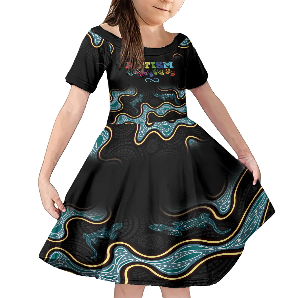 Australia Autism Awareness 4 April Aboriginal Lizard Kid Short Sleeve Dress