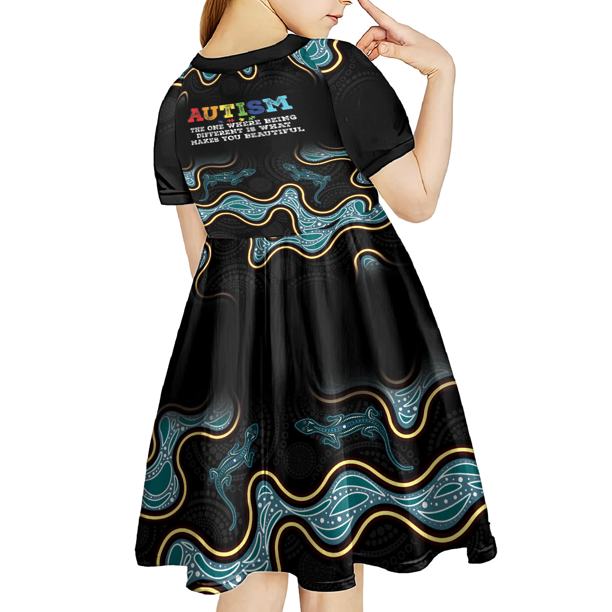 Australia Autism Awareness 4 April Aboriginal Lizard Kid Short Sleeve Dress
