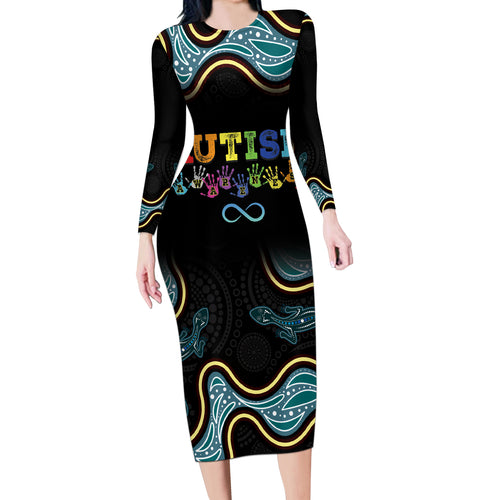 Australia Autism Awareness 4 April Aboriginal Lizard Long Sleeve Bodycon Dress