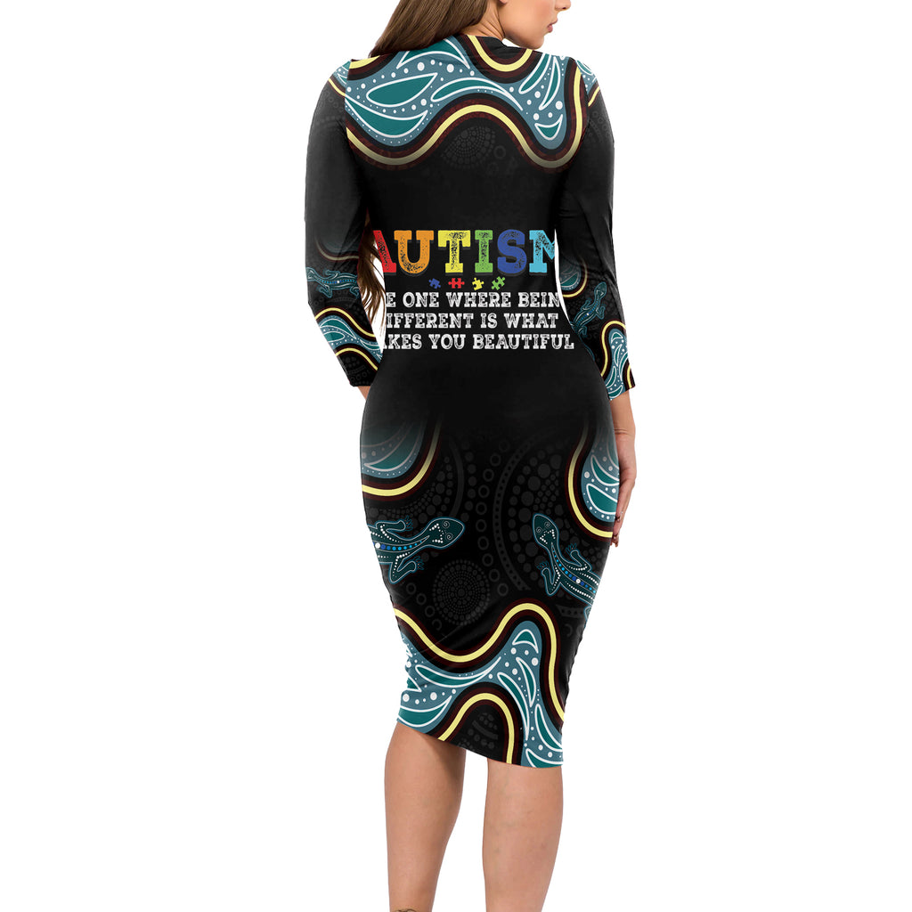 Australia Autism Awareness 4 April Aboriginal Lizard Long Sleeve Bodycon Dress