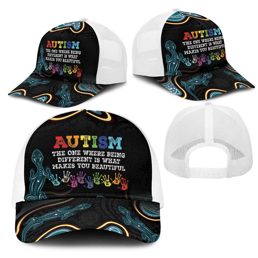 Australia Autism Awareness Mesh Trucker Cap 2 April Aboriginal Lizard - Aussie Hoodie