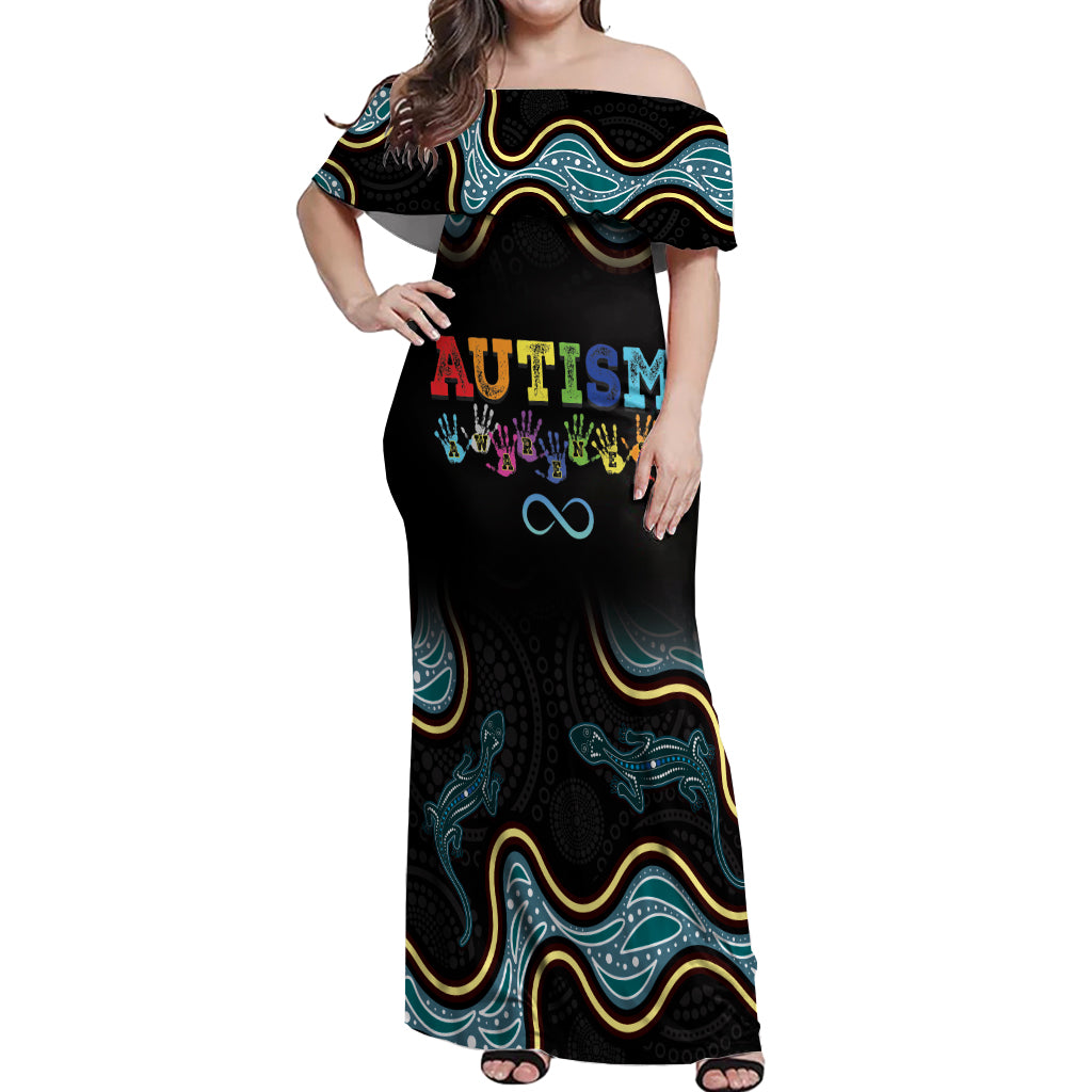Australia Autism Awareness 4 April Aboriginal Lizard Off Shoulder Maxi Dress