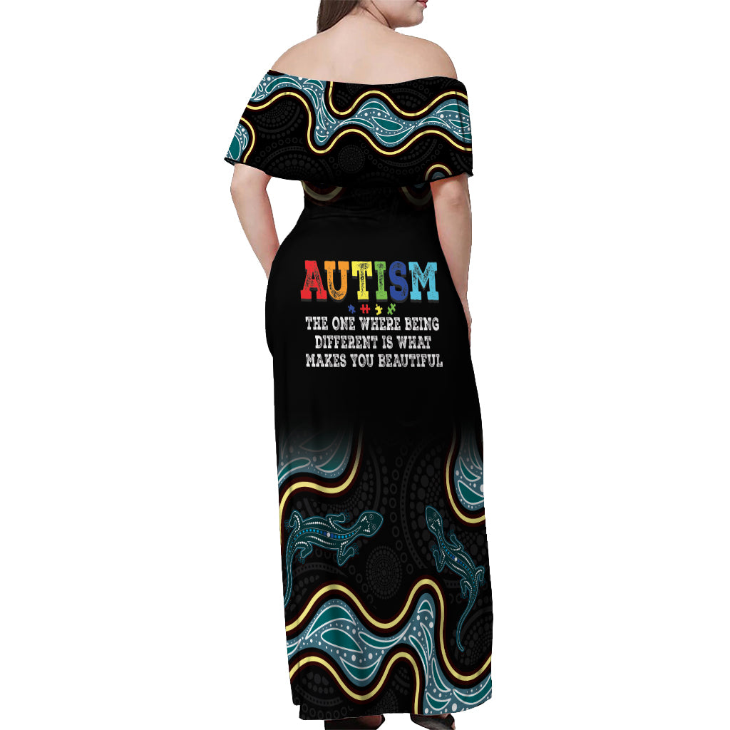 Australia Autism Awareness 4 April Aboriginal Lizard Off Shoulder Maxi Dress