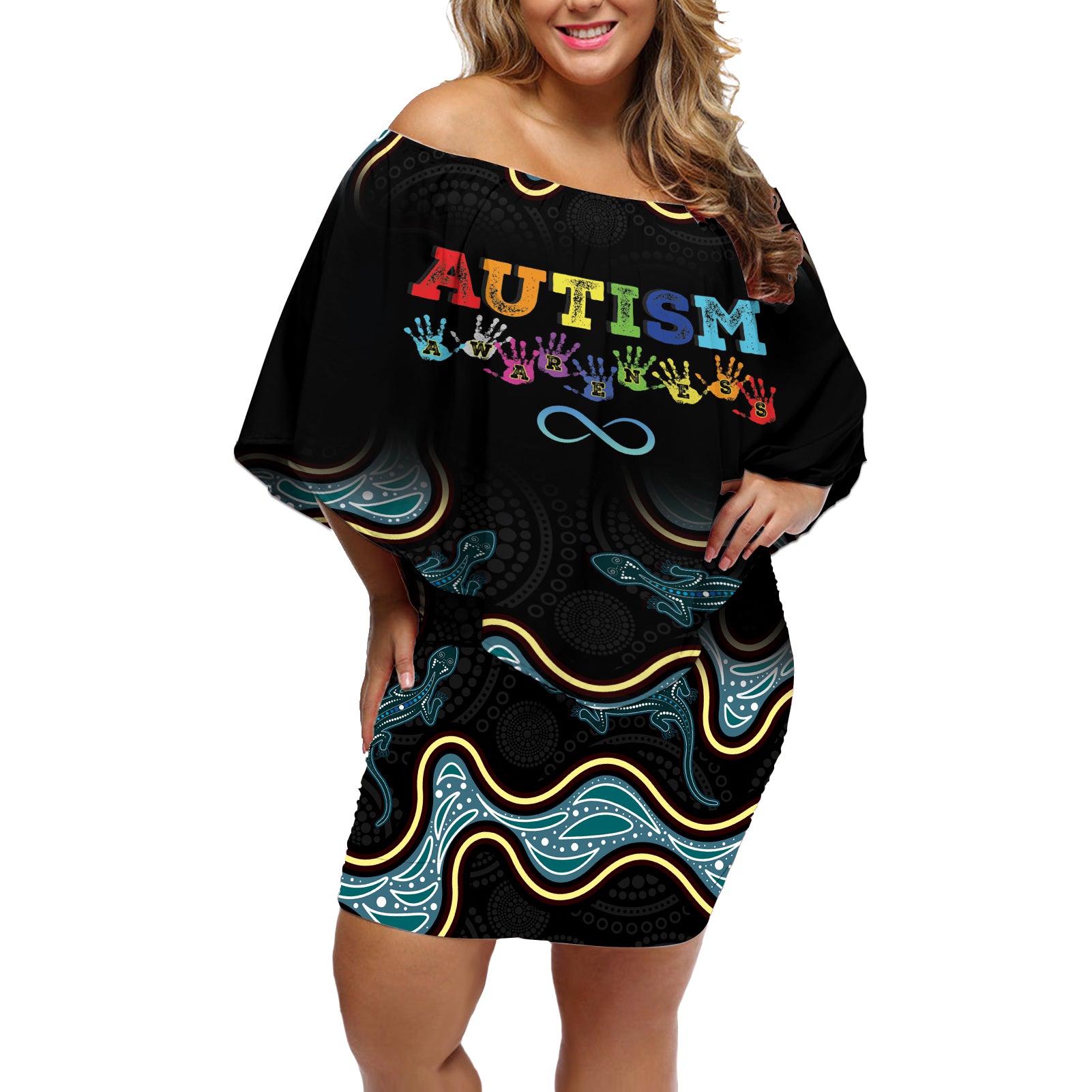 Australia Autism Awareness 4 April Aboriginal Lizard Off Shoulder Short Dress