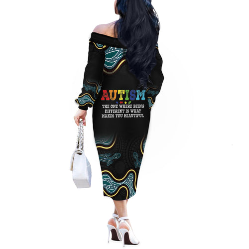 Australia Autism Awareness 4 April Aboriginal Lizard Off The Shoulder Long Sleeve Dress