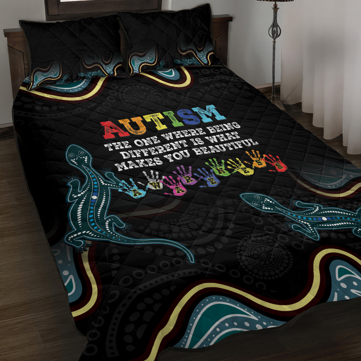 Australia Autism Awareness 4 April Aboriginal Lizard Quilt Bed Set