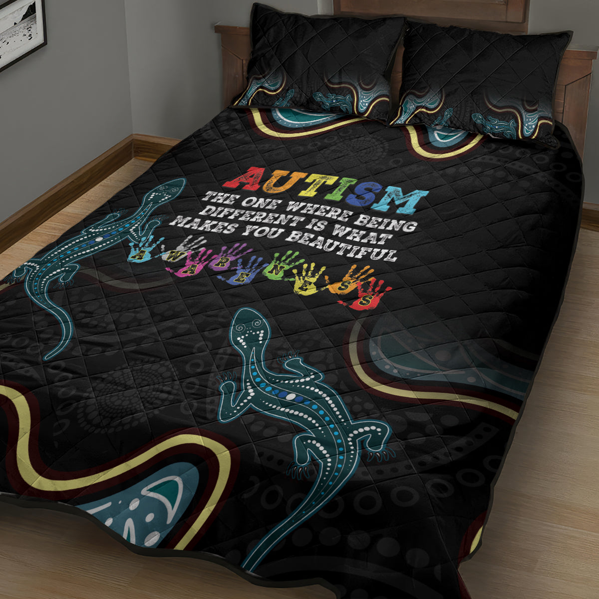 Australia Autism Awareness 4 April Aboriginal Lizard Quilt Bed Set