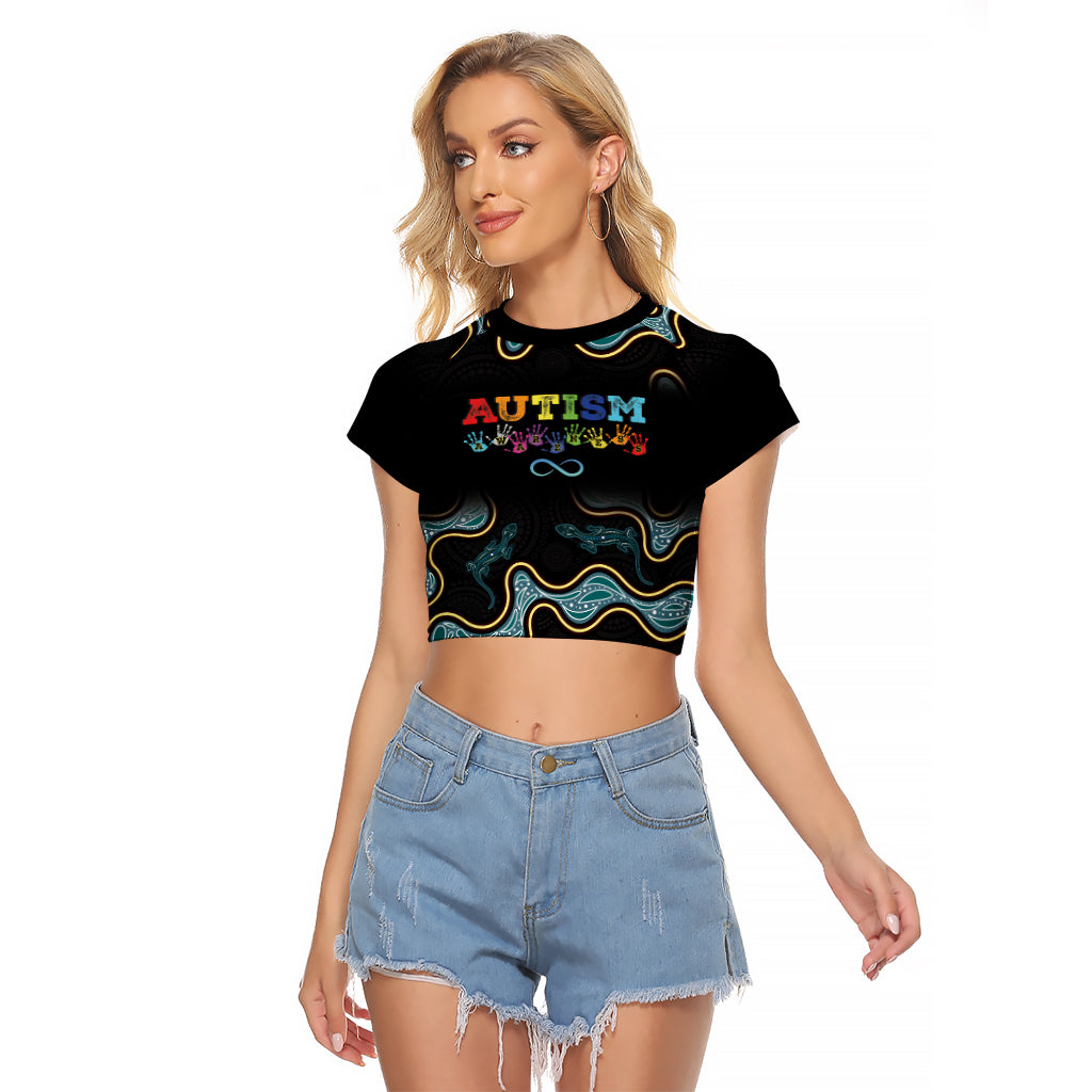 Australia Autism Awareness 4 April Aboriginal Lizard Raglan Cropped T Shirt