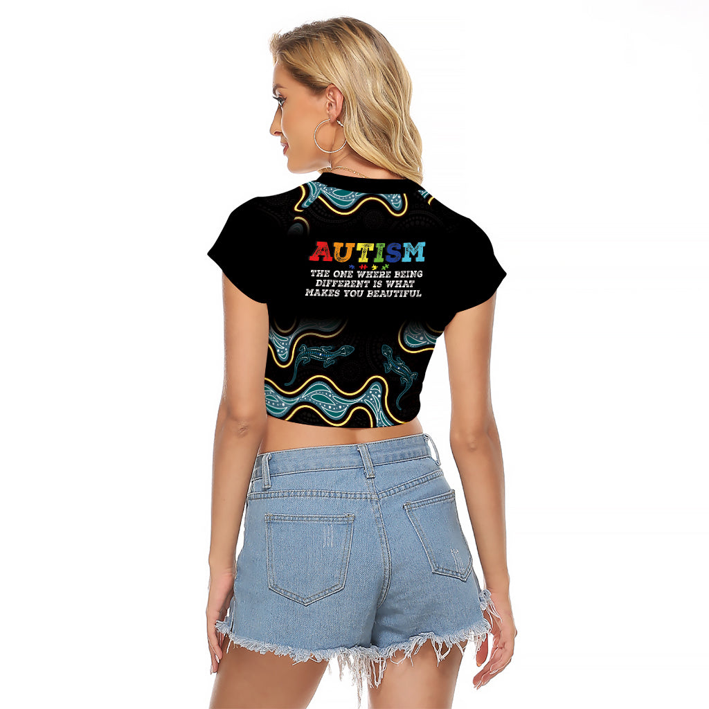 Australia Autism Awareness 4 April Aboriginal Lizard Raglan Cropped T Shirt