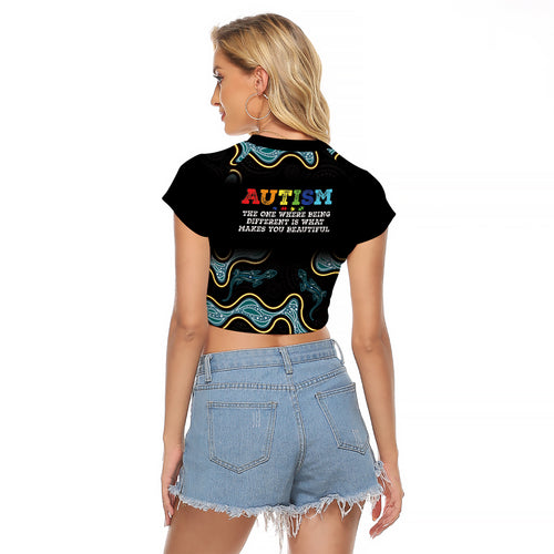 Australia Autism Awareness 4 April Aboriginal Lizard Raglan Cropped T Shirt
