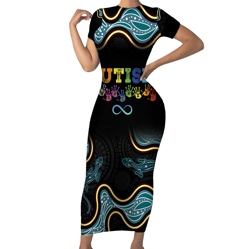Australia Autism Awareness 4 April Aboriginal Lizard Short Sleeve Bodycon Dress
