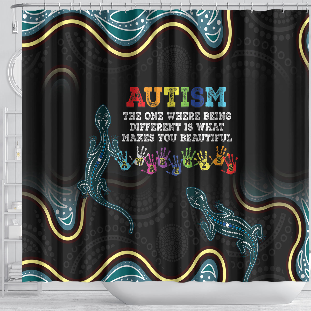 Australia Autism Awareness 4 April Aboriginal Lizard Shower Curtain